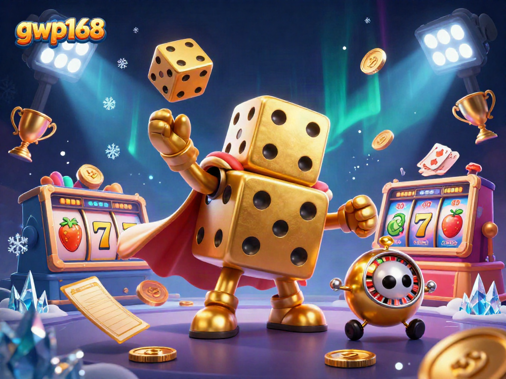 GWP168 menampilkan karakter kasino 3D yang meriah dengan dadu emas dan elemen slot yang memukau.