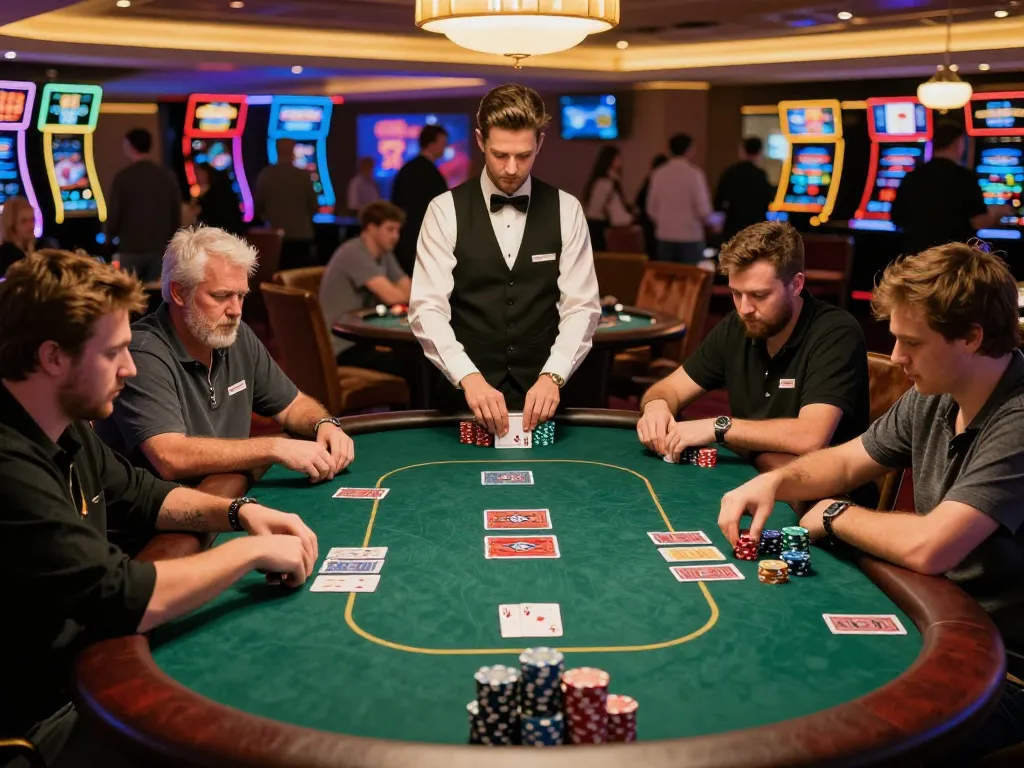 Players engaged in a thrilling poker game at tle-online casino, showcasing strategic betting and vibrant atmosphere