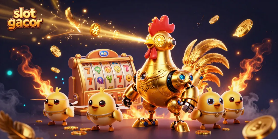 Experience the thrill of slot gacor with golden rooster robot shooting lasers amidst exciting slot reels.