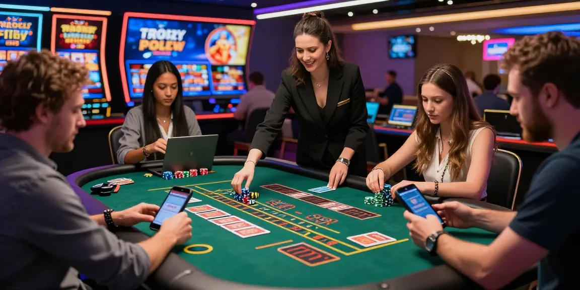 Exciting scene of diverse players enjoying games at non UK casinos for UK players, highlighting the lively atmosphere and modern gaming experience.