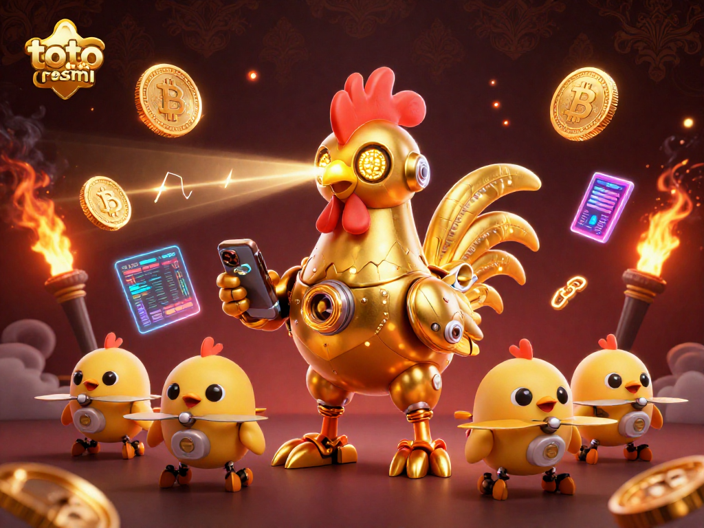 Experience the thrill of toto slot resmi with a vibrant 3D casino scene featuring a golden rooster robot.