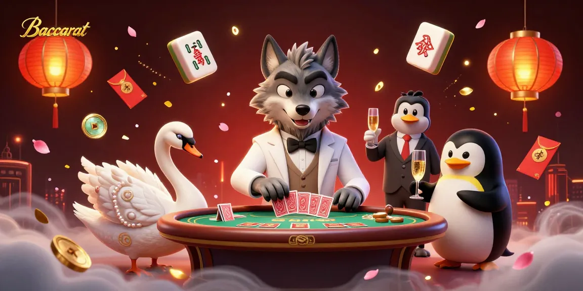 Experience Baccarat with a debonair wolf, an elegant swan, and a sophisticated penguin in a vibrant casino setting.