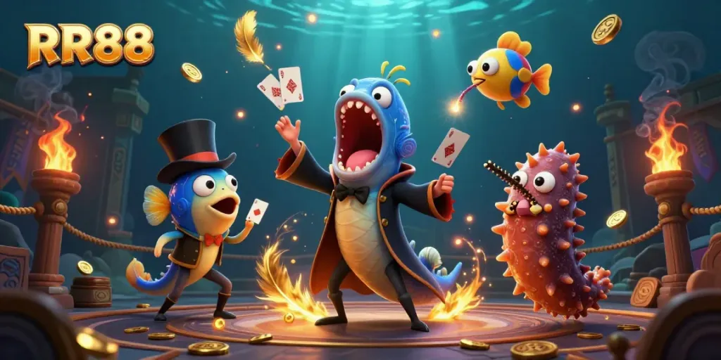 Experience thrilling card tricks in a magical RR88 casino scene with deep-sea creatures and vibrant effects.
