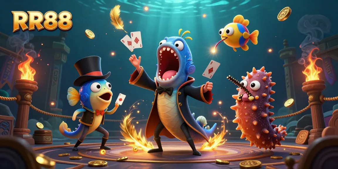 Experience thrilling card tricks in a magical RR88 casino scene with deep-sea creatures and vibrant effects.