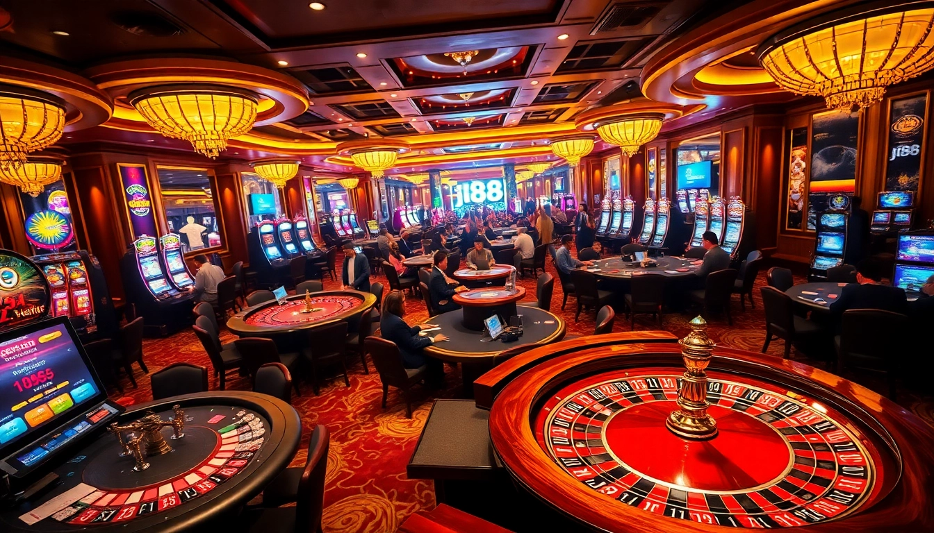 Players enjoying high-stakes poker at the j88 casino, showcasing excitement and vibrant gaming elements.