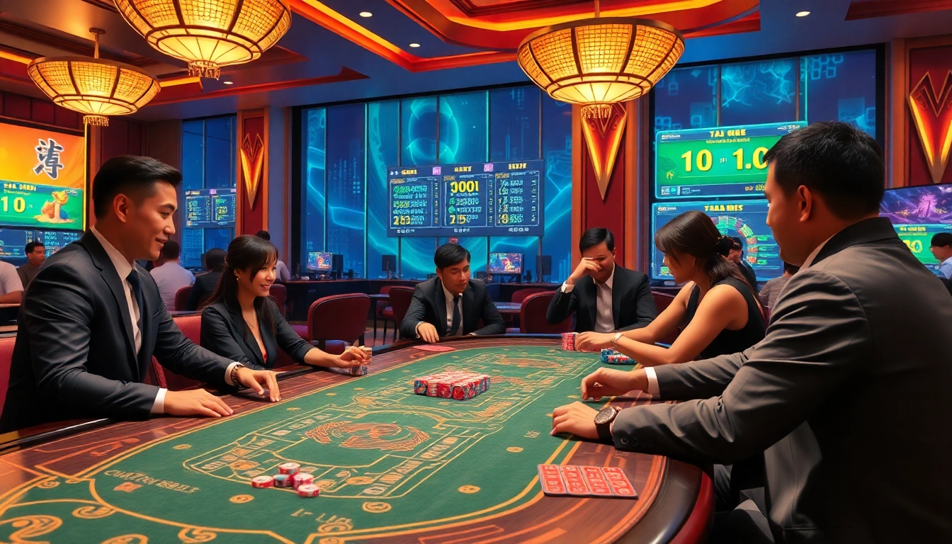 Engaged players enjoying tai xiu online at an elegant casino table with chips and dice.