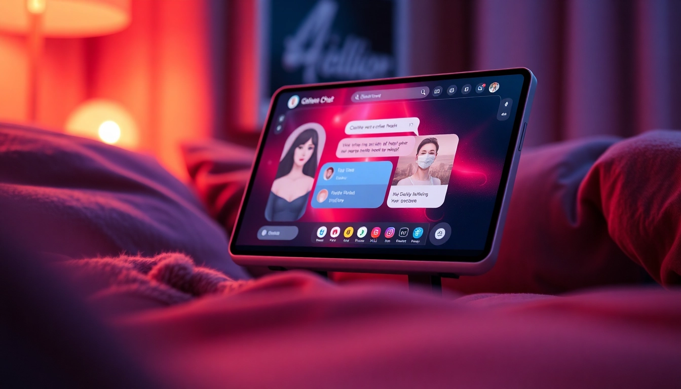 NSFW character AI chat interface on a sleek device, set in an intimate ambiance.