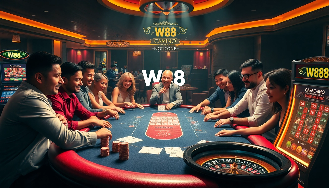 Experience the excitement of W88 through a lively poker game amid luxurious casino decor.