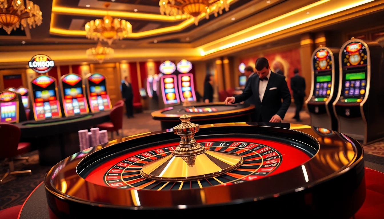 Experience thrilling betting actions at RR88 Auction with a glamorous casino setup featuring roulette and slots.