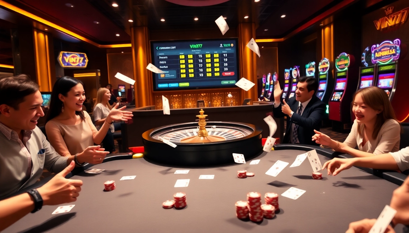 Experience the thrill of Vin777 at a luxurious casino table with poker chips and cards.