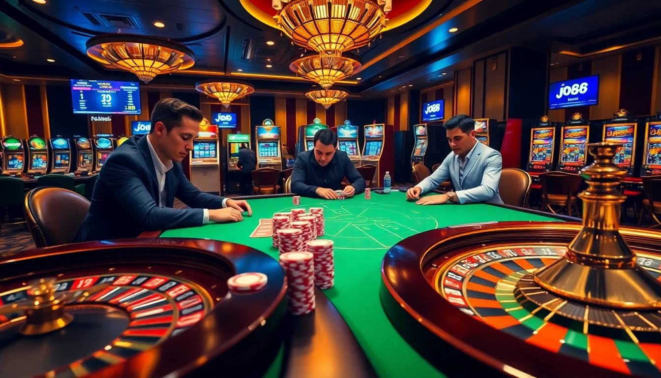Play exciting table games at j88 casino with vibrant poker chips and roulette wheels.