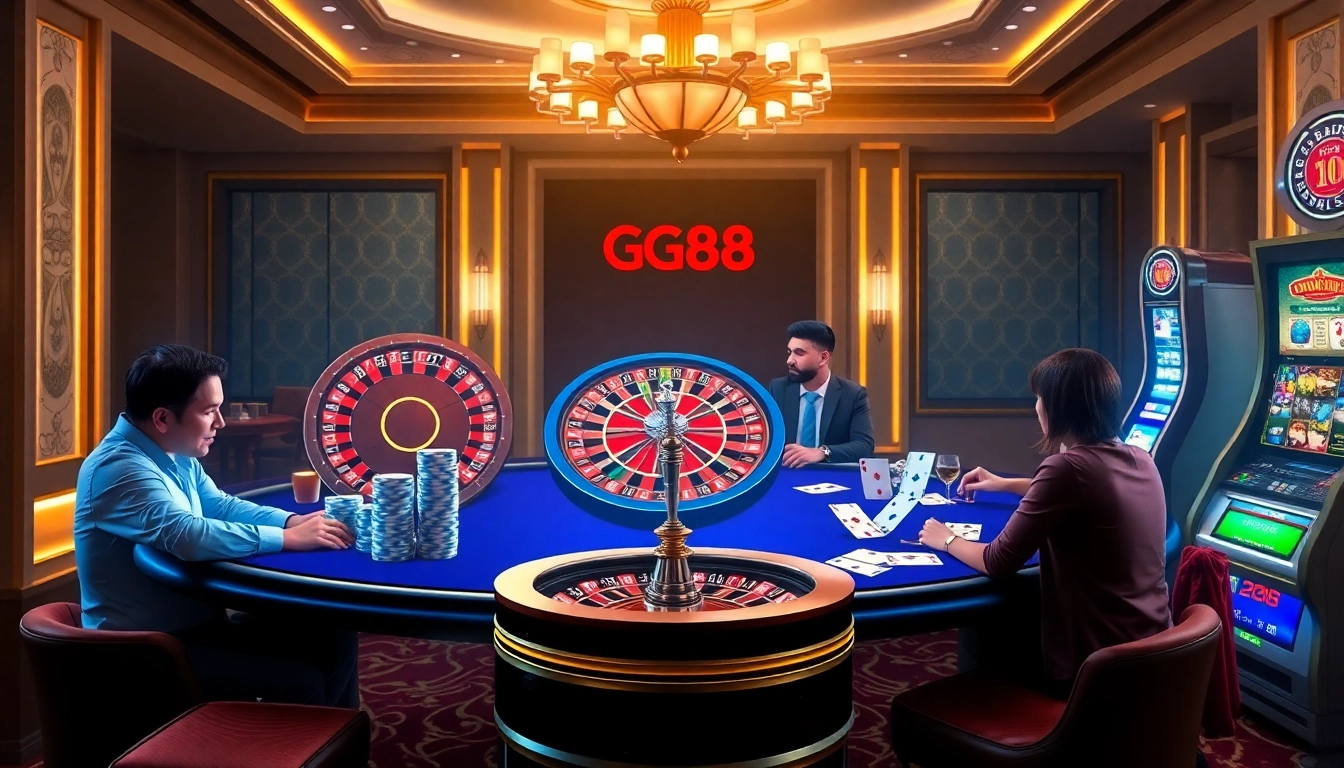 Players engaging with GG88 casino games at a luxurious gambling table with vibrant visuals.