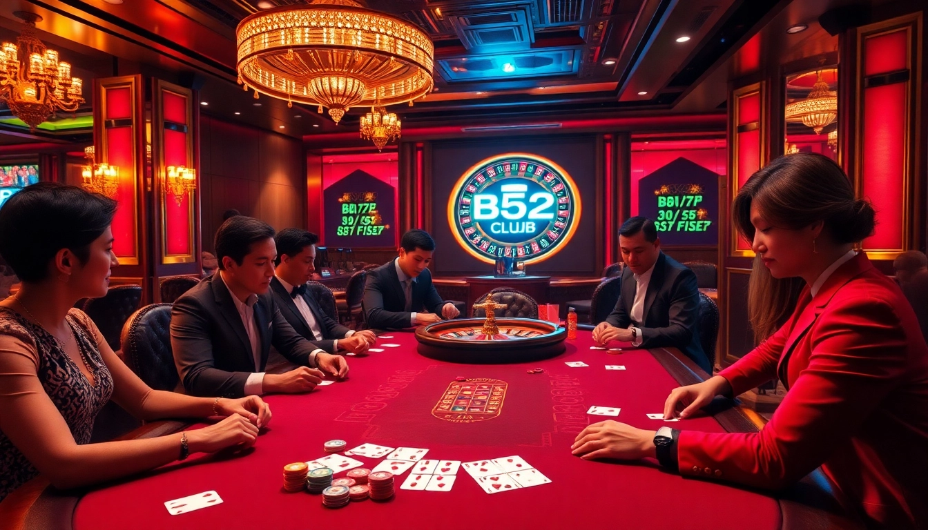B52club players enjoying an exciting poker game with vibrant chips and classy atmosphere.