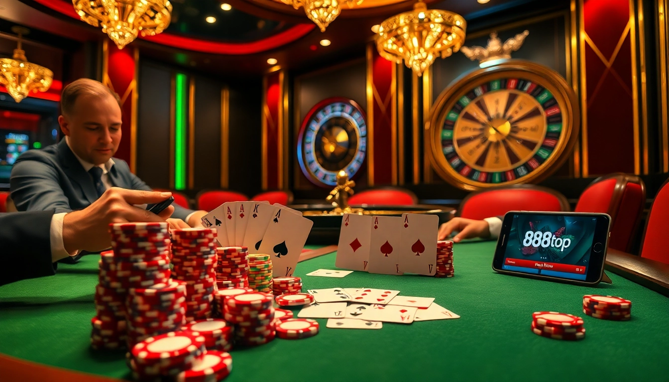 Experience high-stakes poker gameplay at 888top with vibrant chip stacks and ace cards.