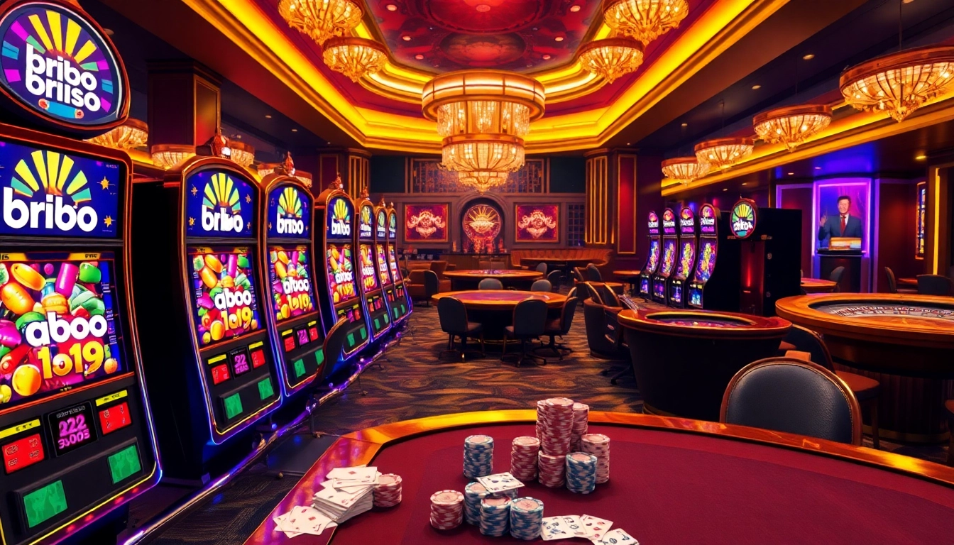 Experience high-stakes gaming at bro138, featuring vibrant slot machines and luxury casino elements.