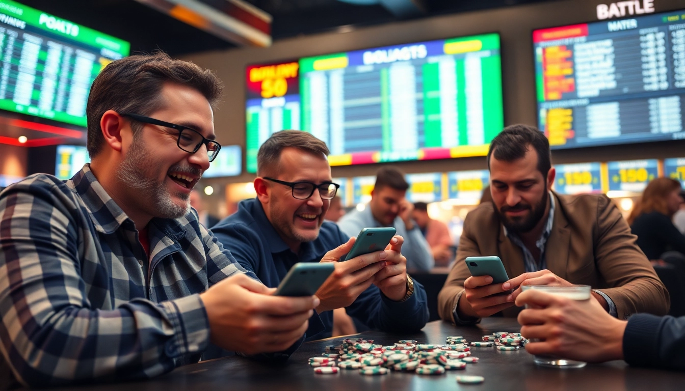 Engaged bettors reviewing odds in a vibrant sports betting atmosphere, showcasing Sports Betting action.