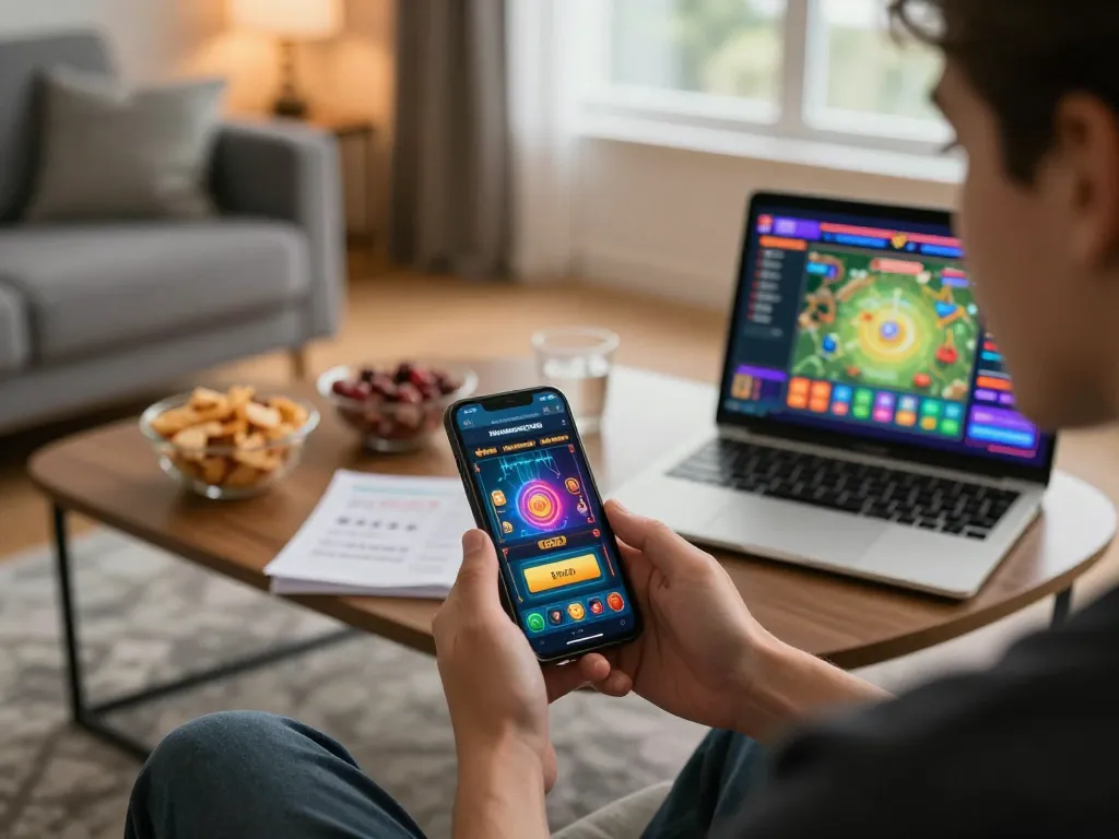 Pemain menggunakan aplikasi kasino truthontatelabianca di smartphone dalam suasana rumah yang nyaman