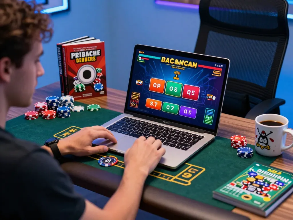 Engaged player using free credit baccarat to enjoy an online game in a modern home office.