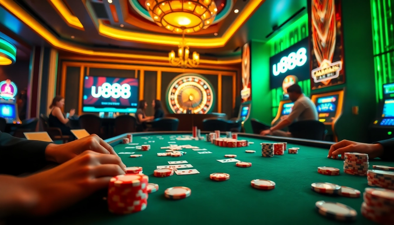 Experience the thrilling action with u888 casino gaming, featuring vibrant gambling tables and poker chips.
