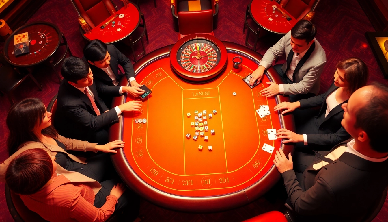 Players enjoying a thrilling game tài xỉu at a vibrant casino table with colorful dice and chips.