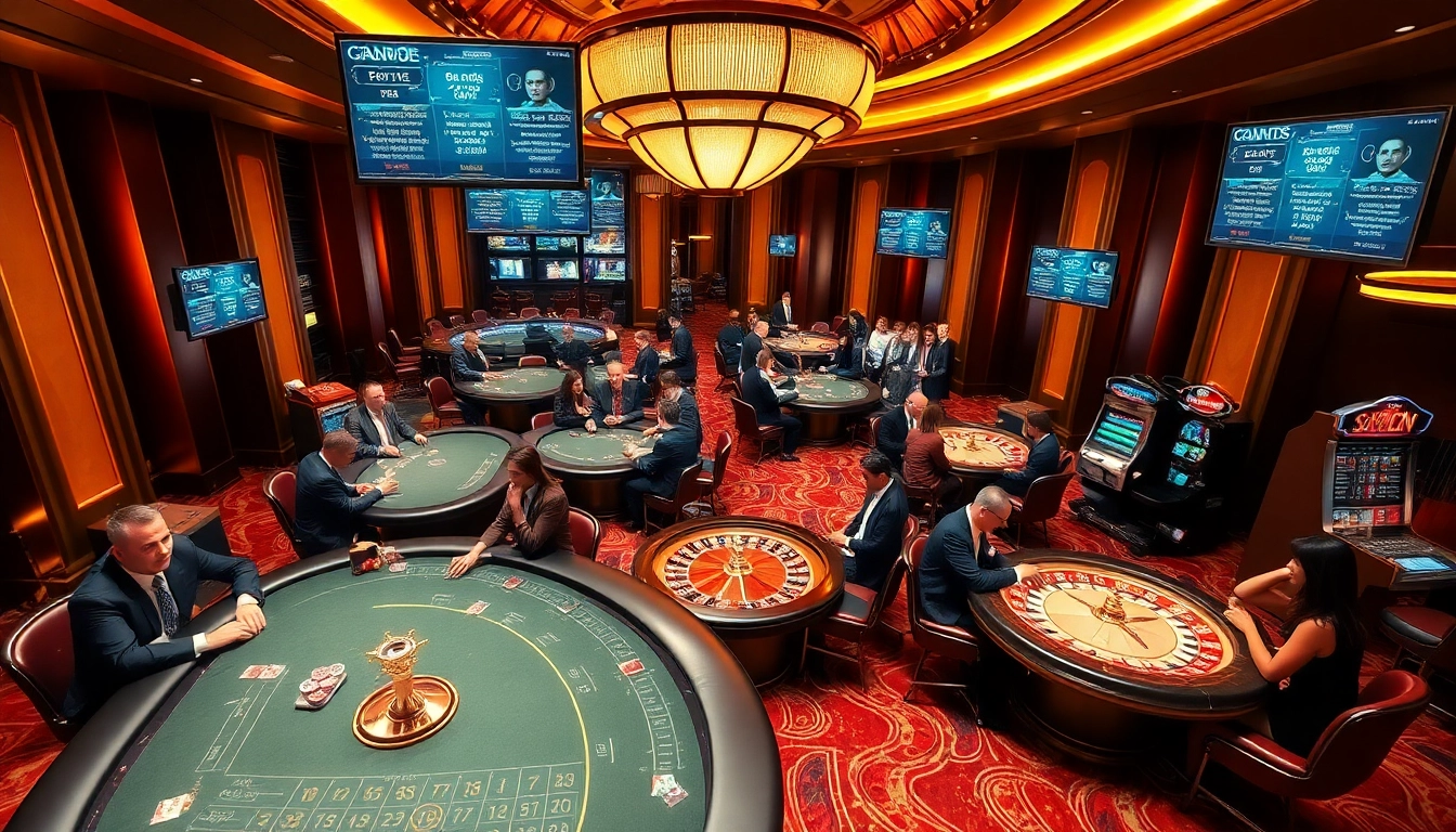 Experience the excitement of trang chủ 8kbet in a luxurious casino with vibrant gaming tables and players.