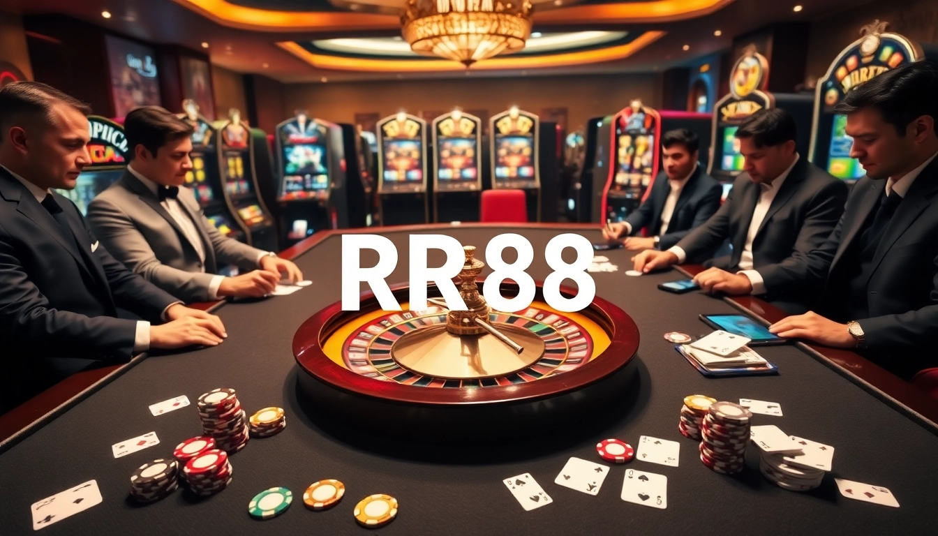 Experience the thrill of RR88 with vibrant casino elements like roulette, poker chips, and online gaming interfaces.