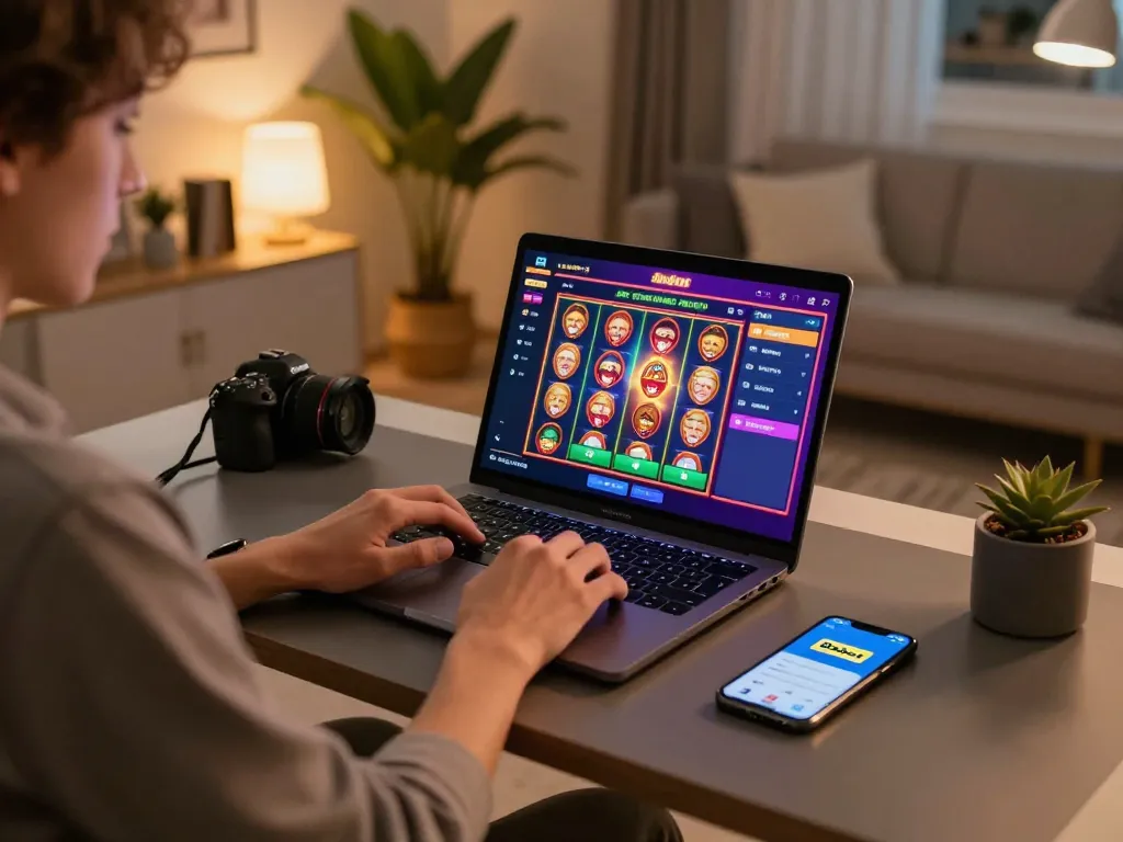 Experience online gaming with 8xbet on a laptop, showcasing interactive slot games in a cozy home environment.