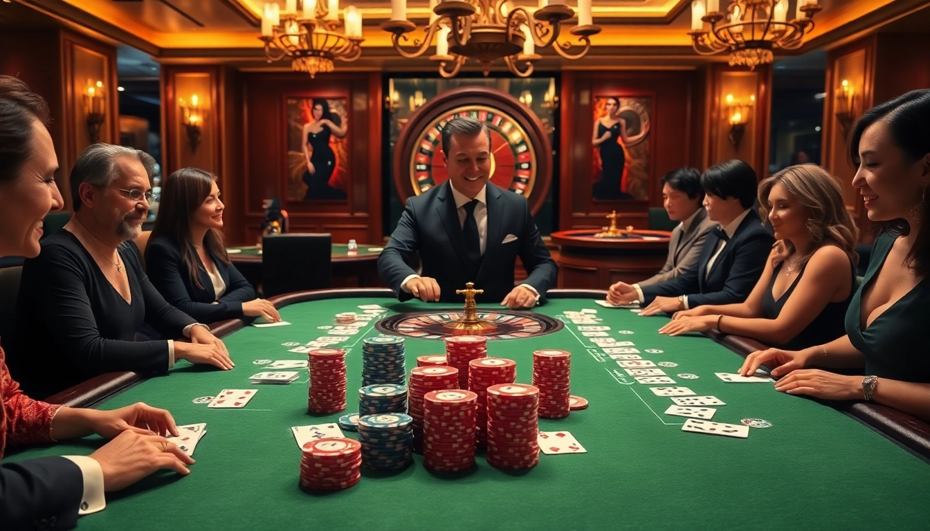 Baccarat GA888 table with players engaged in high-stakes action, showcasing luxury and excitement.