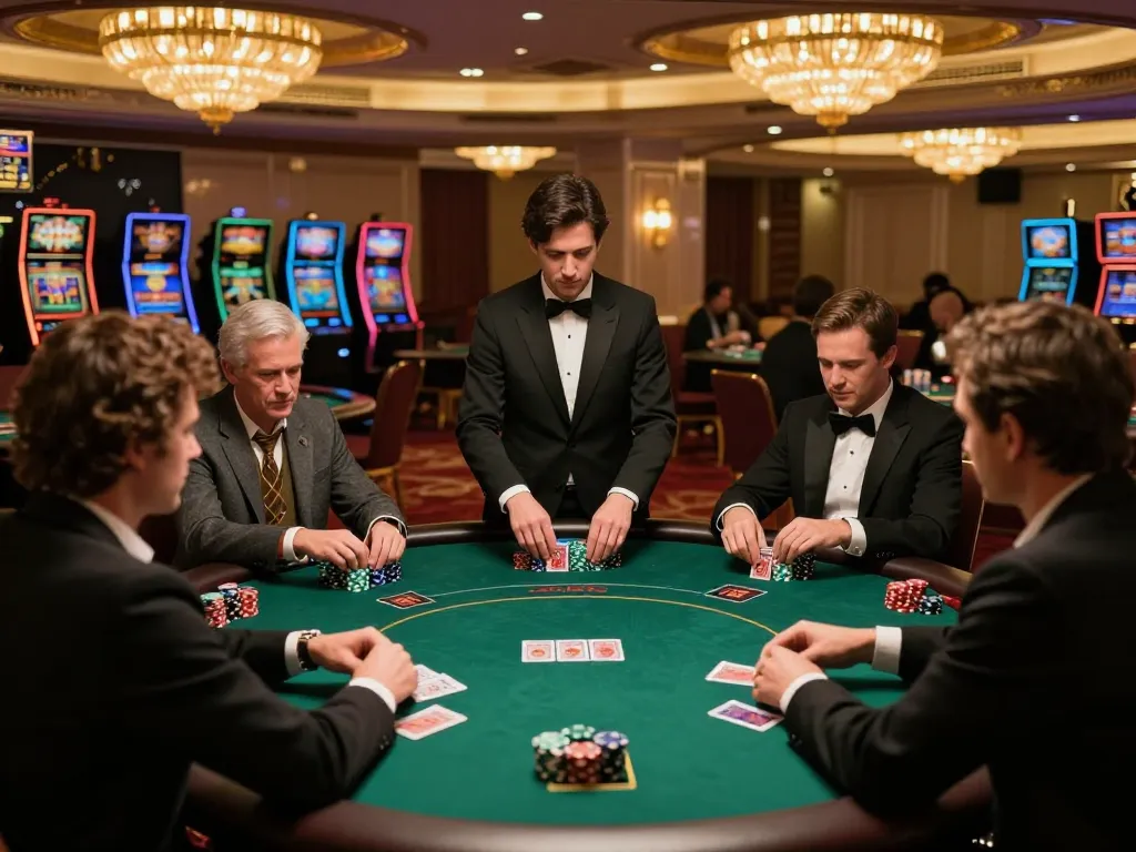 Engaged players in a high-stakes poker game at a luxurious casino showcasing net88's thrilling atmosphere.