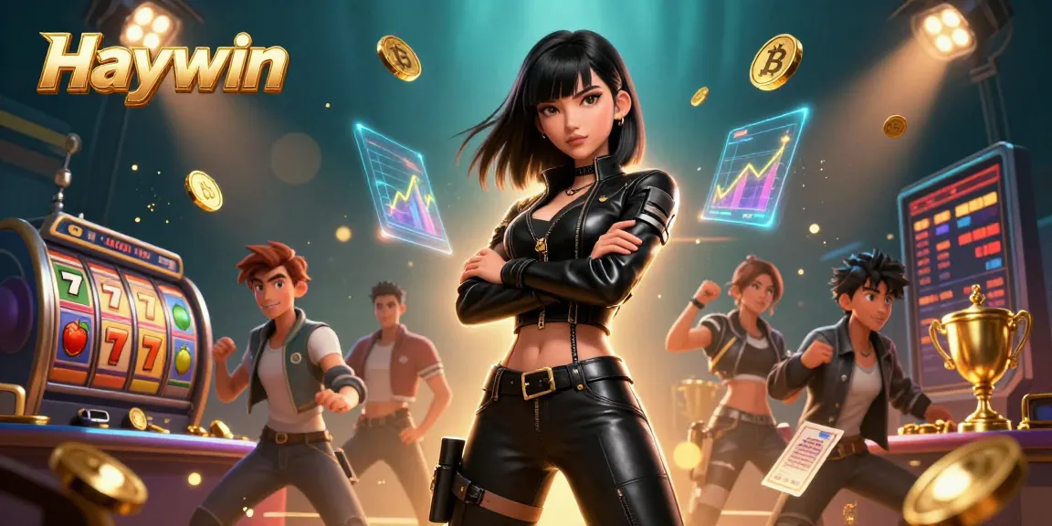 Haywin features a dynamic casino scene with a powerful Asian woman in a sleek outfit and gaming elements.