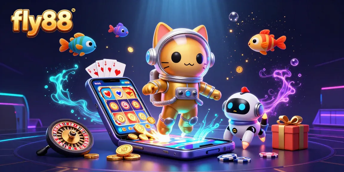 Fly88 slots in a cosmic theme featuring a golden-suited cat and robot dog celebrating wins.