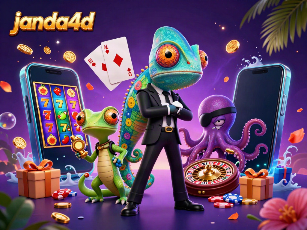 Janda4d menyajikan ilustrasi kasino digital yang dinamis dalam suasana menarik, dengan permainan slot yang penuh warna.