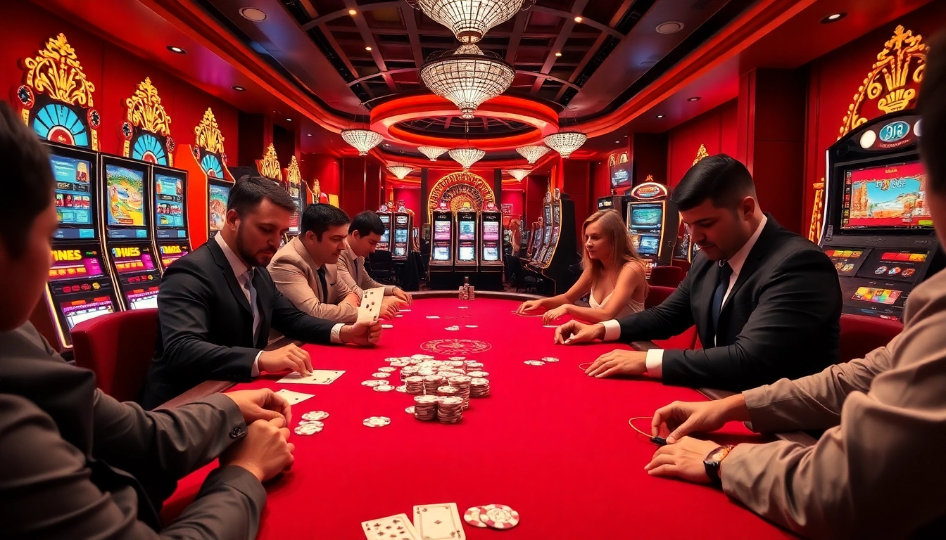 Players enjoying intense poker action at New88 casino with vibrant slot machines in background.