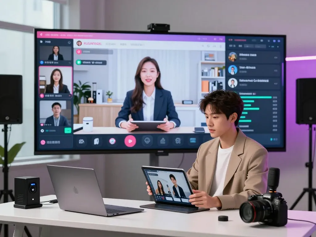Engaging presenter showcasing RUSUNTOGEL platform with AI tools in a modern live commerce setup.