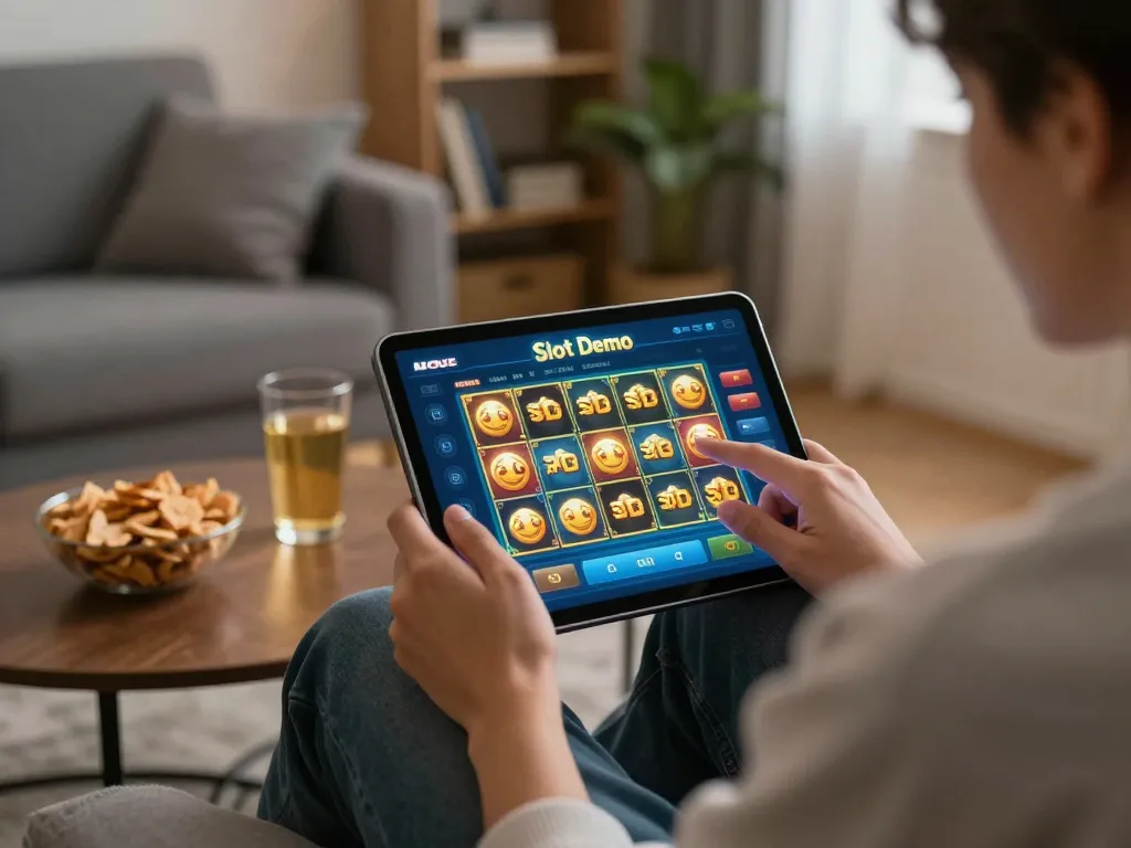 Sesi permainan yang menarik dengan Slot Demo PG Soft di tablet dalam suasana rumah yang nyaman.