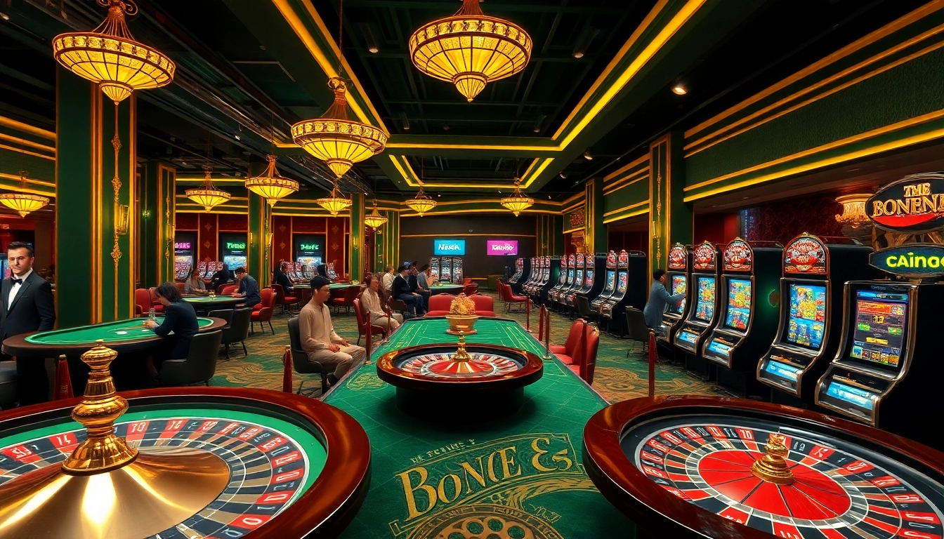 Experience the thrill of bong99 in a lively casino environment with poker tables and slot machines.