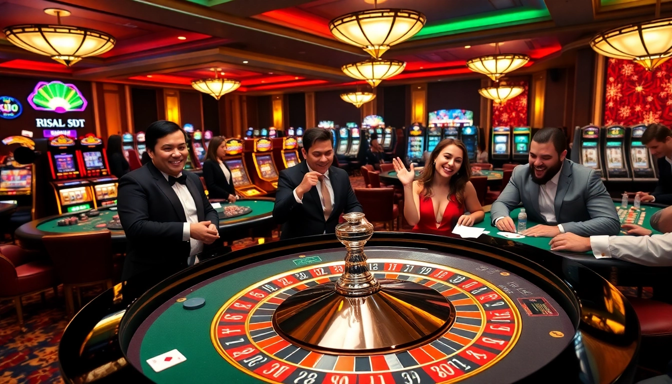 KJC casino patrons engaged in a thrilling game of roulette, surrounded by vibrant slot machines.