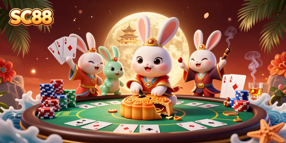 SC88 offers a vibrant casino-themed scene with a moon rabbit revealing poker chips, enhancing the gaming experience.