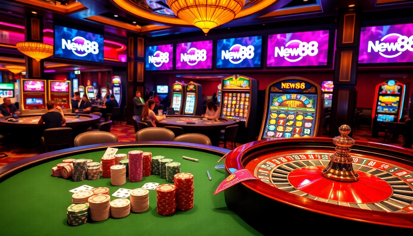Players enjoying a thrilling poker game at New88 casino, showcasing vibrant gameplay and excitement.