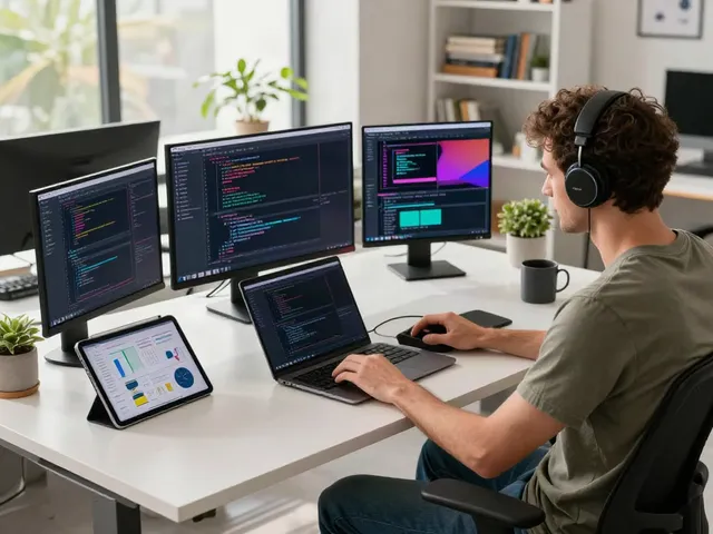 Developer at a modern workspace coding with multiple monitors and tech gadgets, showcasing the A80 tech culture.