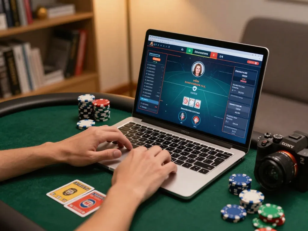 tr88 players engaging in online poker gameplay on laptop showcasing a lively home gaming atmosphere