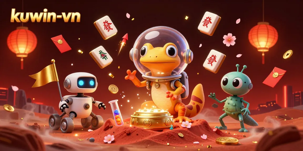 Experience the excitement of kuwin-vn with a vibrant 3D casino scene featuring a Martian gecko!