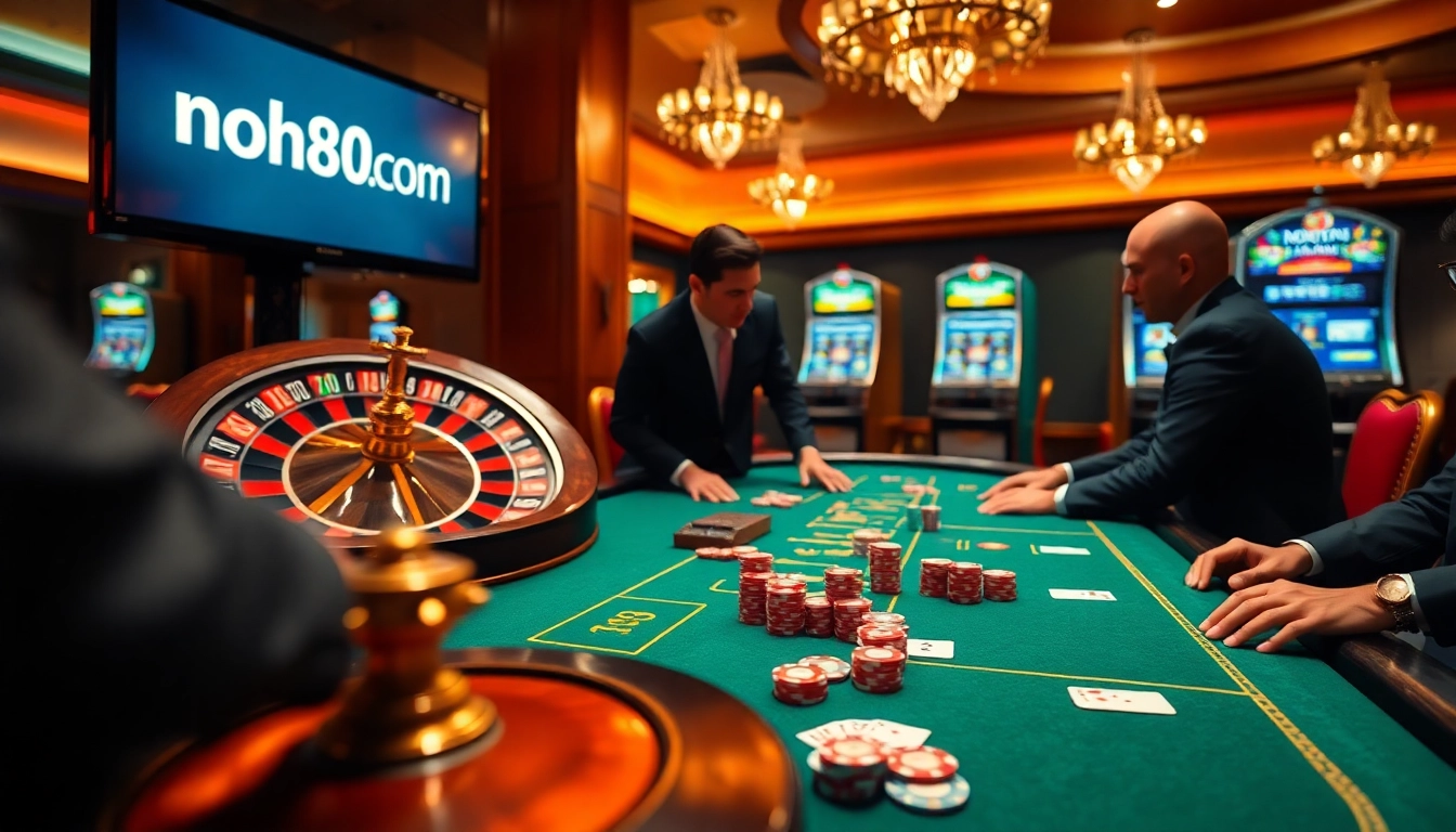 Players enjoying a poker game at nohu90 com, surrounded by vibrant casino decor and excitement.