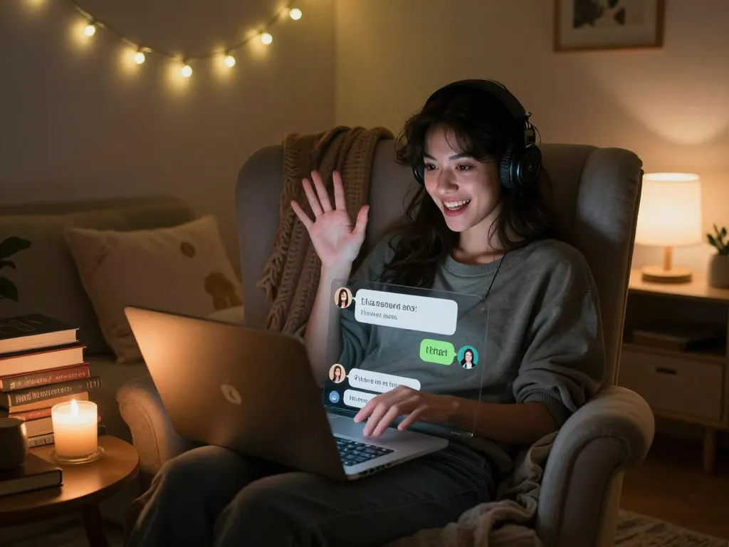 Engaging in an ai chat nsfw with a virtual character in a cozy, intimate setting featuring soft lighting and inviting decor.