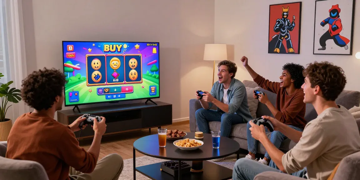 Group of friends enjoying bonus buy slots gaming session in a cozy living room.