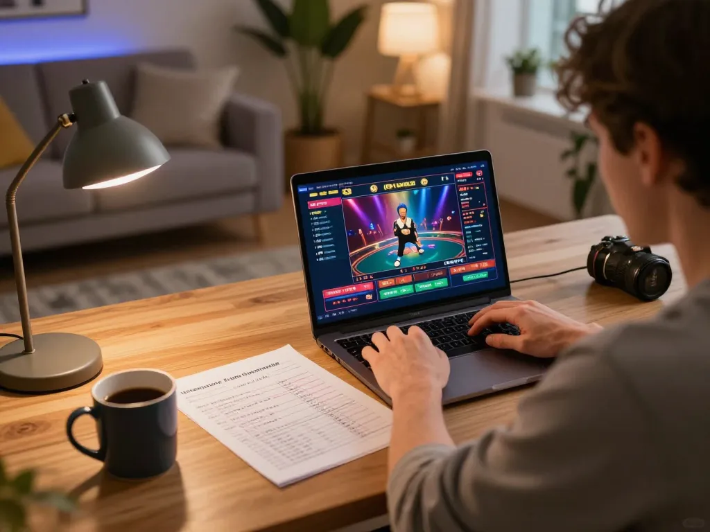Engaged player strategizing with cm888 while enjoying online casino gaming at home, highlighting excitement and focus