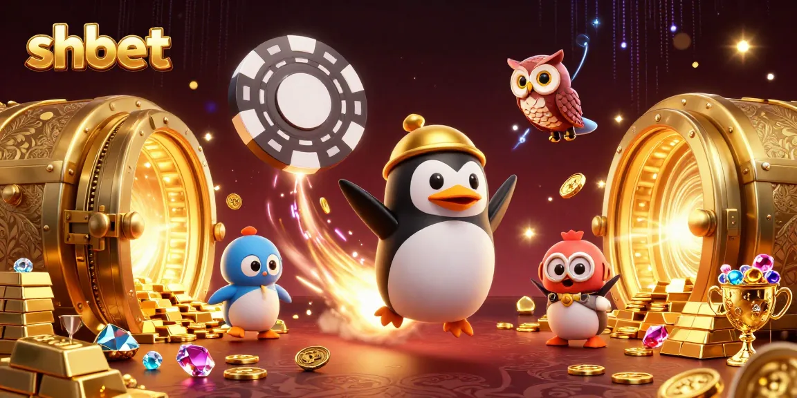 Experience thrilling wins at shbet with a dynamic casino scene featuring 3D penguins, gold, and joy.