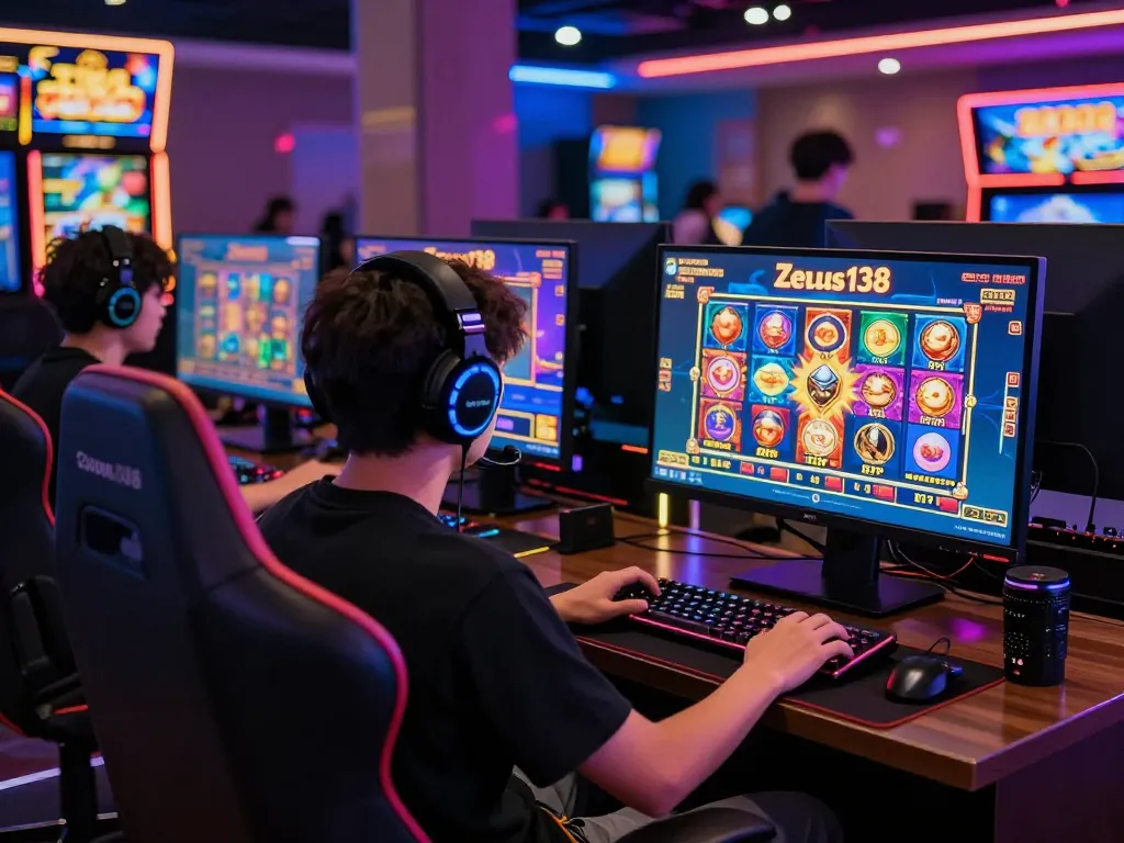 Exciting gaming atmosphere on Zeus138 showcasing vibrant slot games and a player enjoying high RTP experiences.