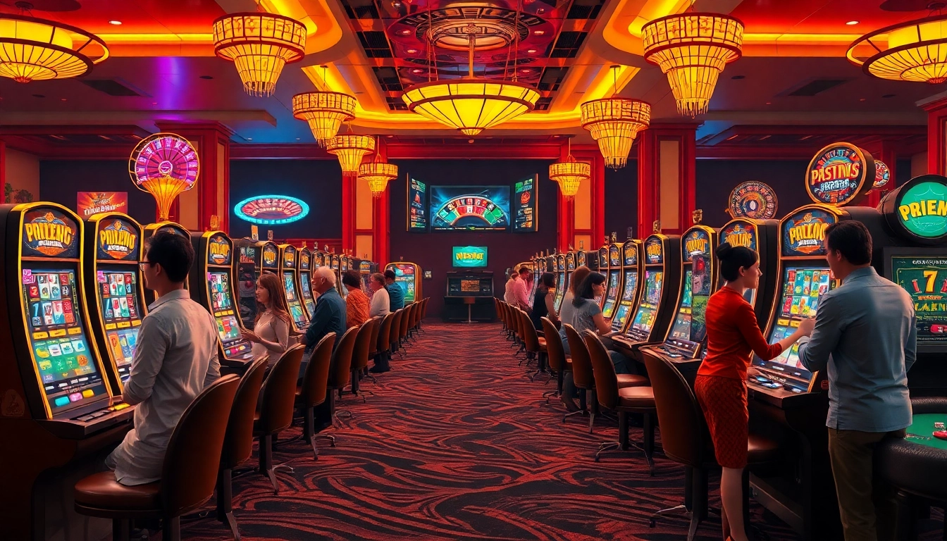 Engaging scene of players enjoying slot demo pg machines in a luxurious casino atmosphere.