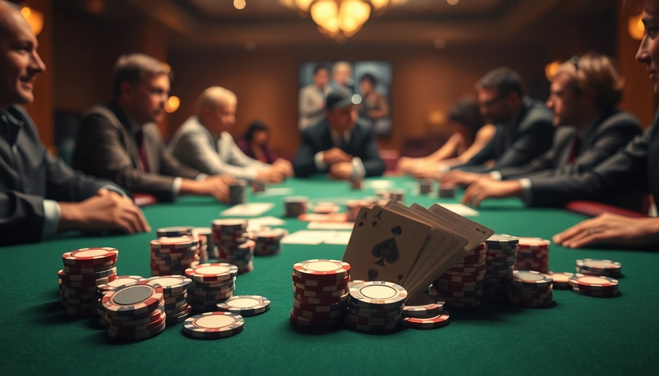 Engaged players in a Poker Game analyzing hands and strategies at a casino table.